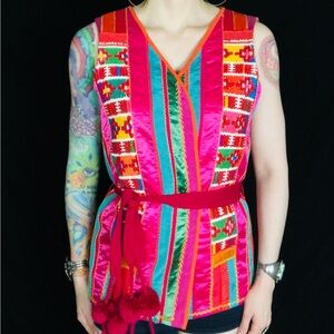 Vintage 1970s Rainbow Pink Guatemalan Striped Patchwork Embroidered Boho Vest
